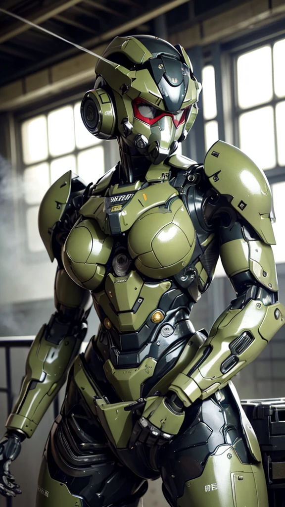 最   High Quality  非常に   Details,    Details,    High Quality  , 最   High Quality  ,    kampala, 1080P,   hard disk  , beautiful,(War Machine),(  perfect headgear ),See the whole picture,beautifulサイボーグ女性, green mecha cyborg   girl holding a robot head with both hands,BATTLE MODE,Mecha Body Girl　8k green body armor　   girl　Sweaty face　Droopy eyes　   shorthair  　   Gas Mask with Extended Nozzle   　   boyish   　Steam coming out of my head　   HER HAIR IS WET FROM SWEAT   　 brown hair,   Steam coming out of the mouth   　  The bed is close to the goal 　   NO EXPOSED SKIN UNDER HER FACE  　(Karate pose)    back view  　((Mister.々))