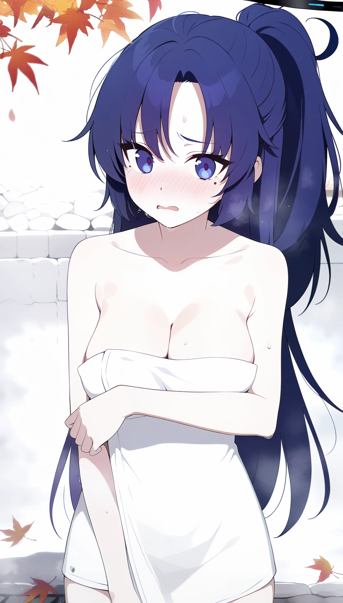 Anime Girls, ultra-detailed, open-air bath, autumn leaves background, humid, steam, white bath towel, 
yuuka \(blue archive\),purple eyes,purple hair,long hair,ponytail,halo,
1girl. solo, lewd, ero, ecchi, sexy, facing viewer, looking at viewer,
embarrassed, black hair, mole under eye, 
dim body, deep cleavage, medium breast, curvy, no curves, narrow hips,