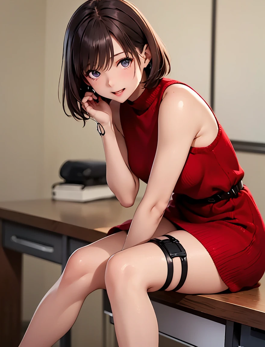   high definition  ,In 8K, best quality, Details,Semi-realistic anime, D-anime style, Smooth Anime CG , one girl , 19-year-old Japanese woman,slim,modeling,((Sparkling Eyes)),(( very short hair)),(( short bob)),(Maroon Glowing Hair ),((Dark red knit dress )), pink lips, Shiny brown hair,((( sit on a mahogany desk))), Detailsな顔,Beautiful and  Details,((深い青紫色のSparkling Eyes)),(Open your mouth),(Laughter),(( beautiful silhouette )),(((Thighs))),(( black leg holster )),( look at the camera),(( Jodie Foster)),((Thighs)),((cut in leg holster)),(( leg holster with a gun)),((Smith&Wesson)),