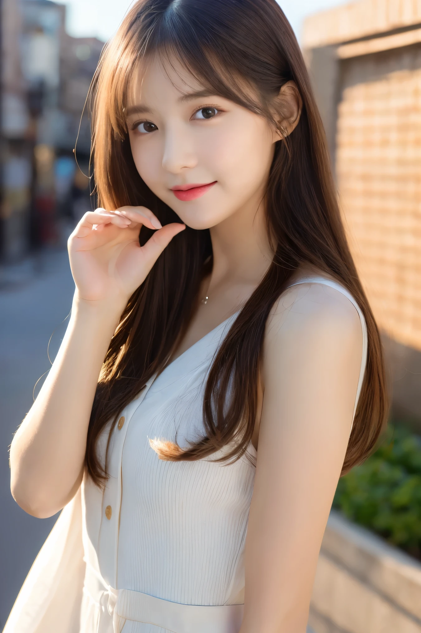 masutepiece, Best Quality, Illustration, Ultra-detailed, finely detail, hight resolution, 8K Wallpaper, Perfect dynamic composition, Beautiful detailed eyes, Women's Fashion Summer,Medium Hair,Small breasts natural color lip, Bold sexy poses,Smile,Harajuku、20 years girl、Cute、Sexy shot looking at camera