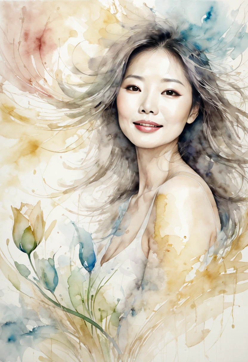 Watercolor、 old paper texture、Damaged Paper、Old style、Faded color、Thick Fog、composition、Golden Ratio、Functional、grace、 details、background、Soft colors、Blurred Lines、Ayano Fujisaki, 48 years old, round face, Dark Eyes,  fine lines of laughter ,  elegant ,  plump lips , Elegant,  natural makeup, Long Hair,  upper body, Lots of tulips, Watercolor, Abstract Art