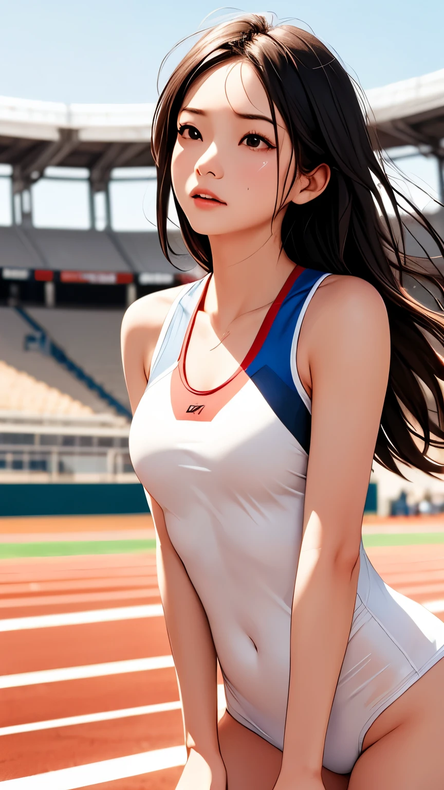 score_9,score_8_up,score_7_up,score_6_up,score_5_up,score_4_up,Japanese women's track and field team, long straight hair, uniform, thigh stretch, anxious face, sweat, very beautiful Asian face, stadium track, absurdity, calling, emotional expression, well-trained body, sunny sky