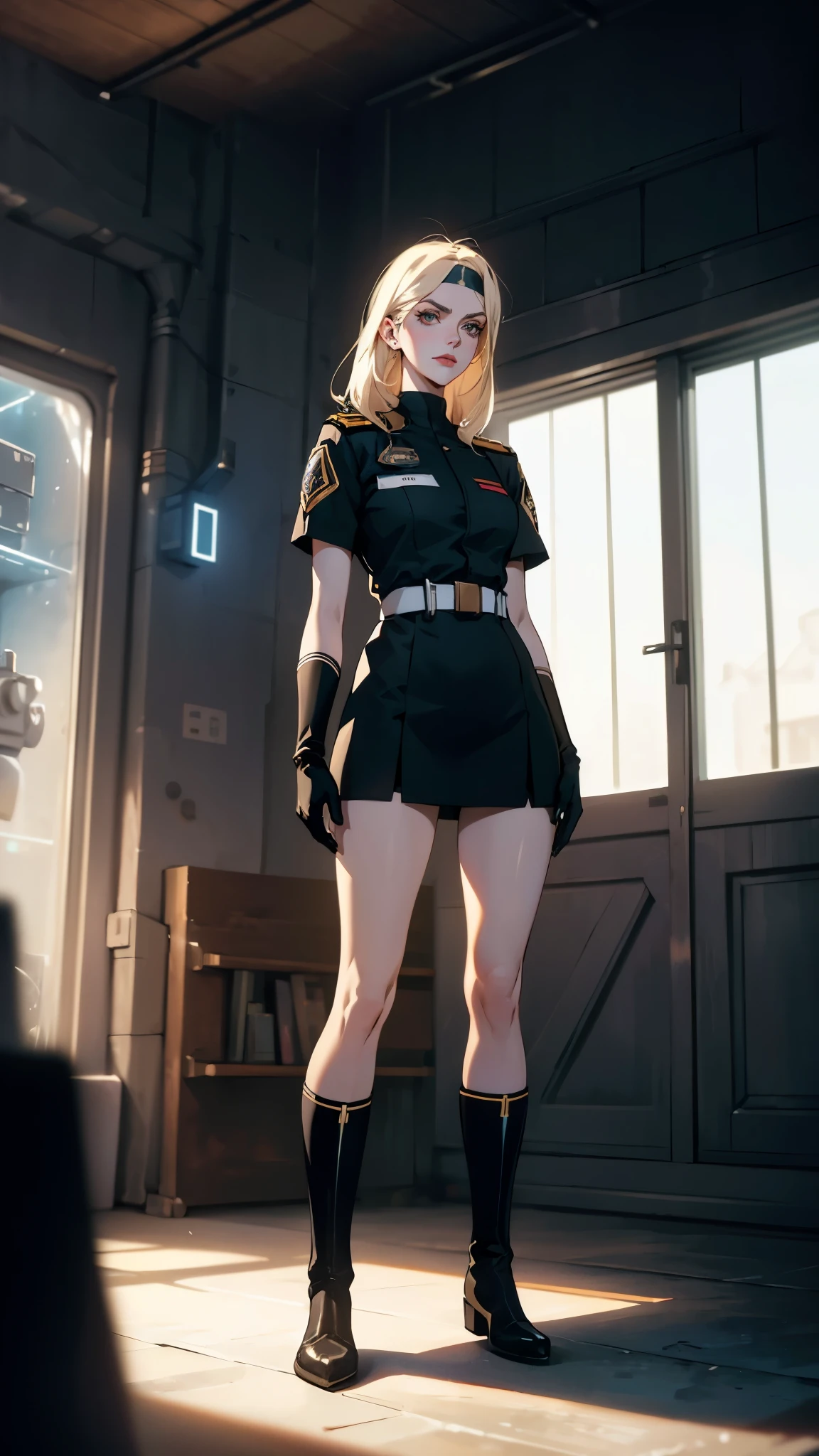 Destroyed towns,3 Ukrainian girls , Ukrainian anime girls , , Ukraine , Full body composition of young girl with messy bright blonde hair, eye make up, 13 year old, Soft lighting, Solo, Old torn dirty shabby futuristic military uniform, badges, Pose, Blotch color, Octane Render, Hyperrealistic intricate detail, Cinematic, 8K resolution, 70mm, Accent Lighting, Global Illumination, Full body portrait, clean detailed faces, a short bob,intricate clothing, Cute face, flat chest, Slim waist, Slim legs, small hips,Caucasian officer's suit,White Officer's Cap,