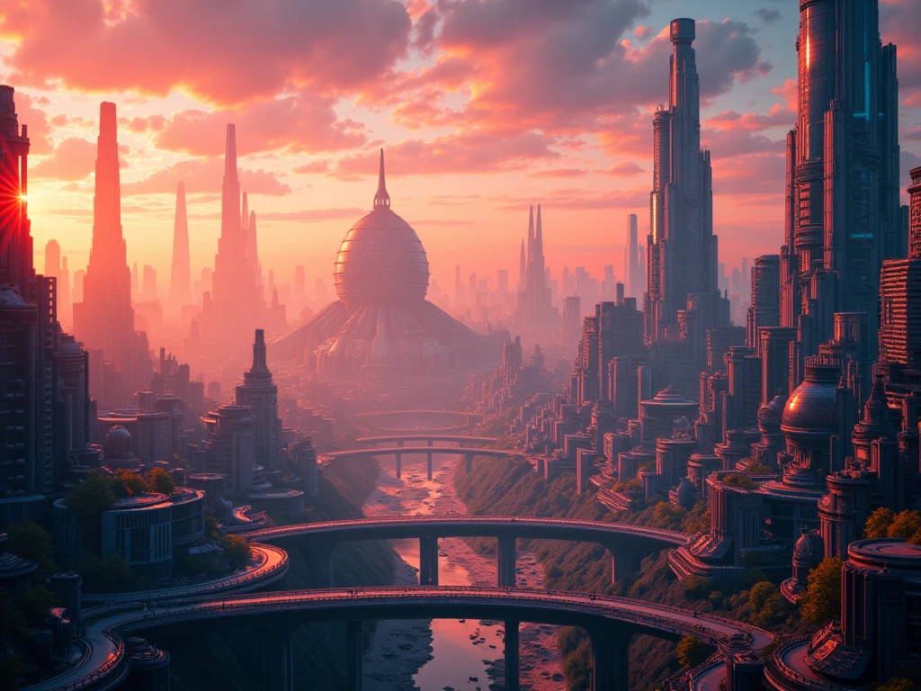 in the style of cksc, masterpiece, streetview of futuristic sc-fi city, towers, domes and skyscapers, sunset, rule of thirds, perfect lighting, sunset, HD32K, wallpaper, hyperdetailed