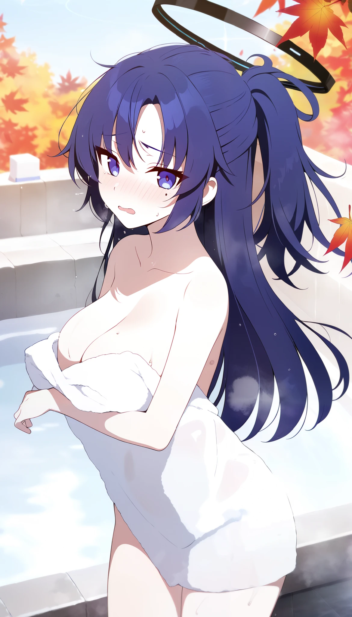 Anime Girls, ultra-detailed, open-air bath, autumn leaves background, humid, steam, white bath towel, 
yuuka \(blue archive\),purple eyes,purple hair,long hair,ponytail,halo,
1girl. solo, lewd, ero, ecchi, sexy, facing viewer, looking at viewer,
embarrassed, black hair, mole under eye, 
dim body, deep cleavage, medium breast, curvy, no curves, narrow hips,