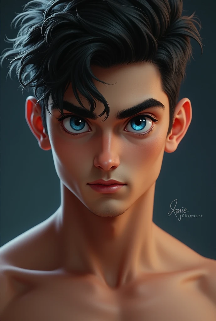The boy has blue eyes and black hair and a muscular body and a beautiful face