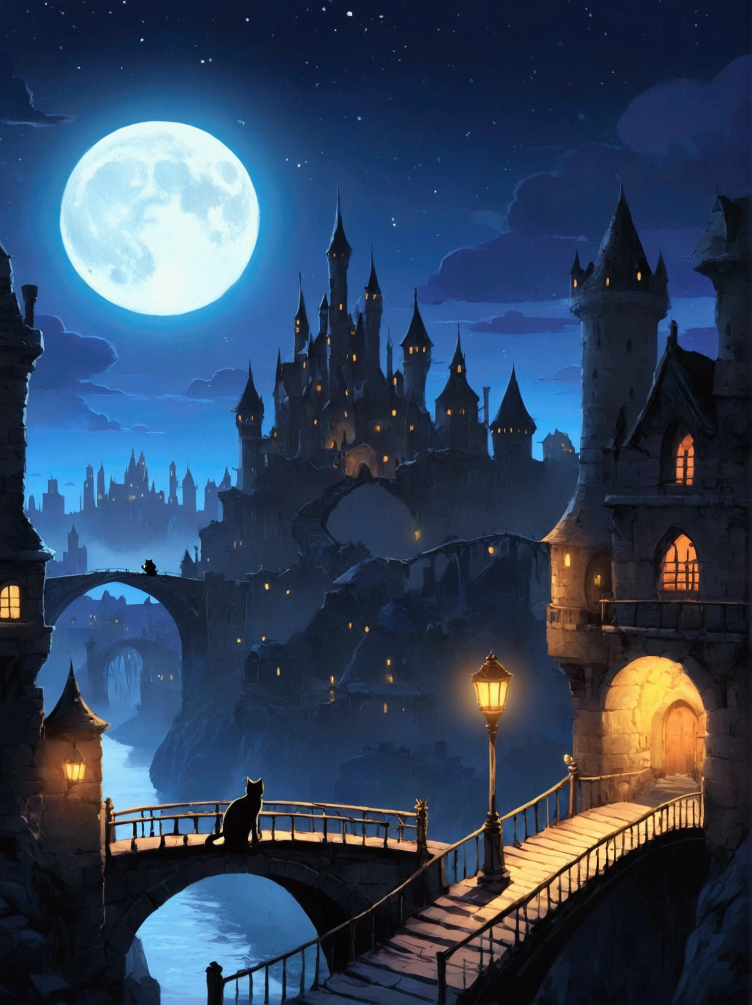   Night view of the city and castle 、Cats on the bridge leading to the castle 、 2D Side-Scrolling Platformer,    Cat Wandering Through the City of Shadows   、   Concept Art Great Atmosphere   ,    2D digital video game art   ,   Sylvain Saler ,    amazing screenshot art   , Metroidvania, Faraway city , ,    Game Concept Art Style Scenery   