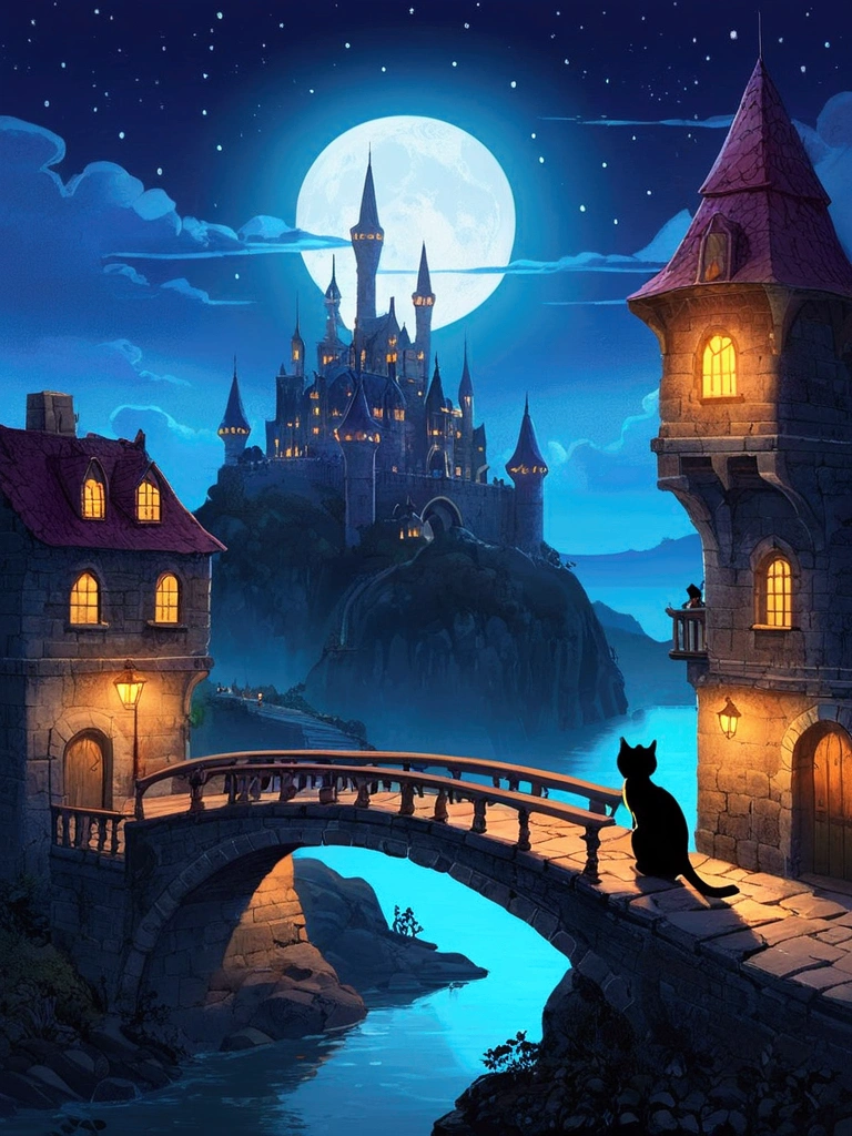   Night view of the city and castle 、Cats on the bridge leading to the castle 、 2D Side-Scrolling Platformer,    Cat Wandering Through the City of Shadows   、   Concept Art Great Atmosphere   ,    2D digital video game art   ,   Sylvain Saler ,    amazing screenshot art   , Metroidvania, Faraway city , ,    Game Concept Art Style Scenery   