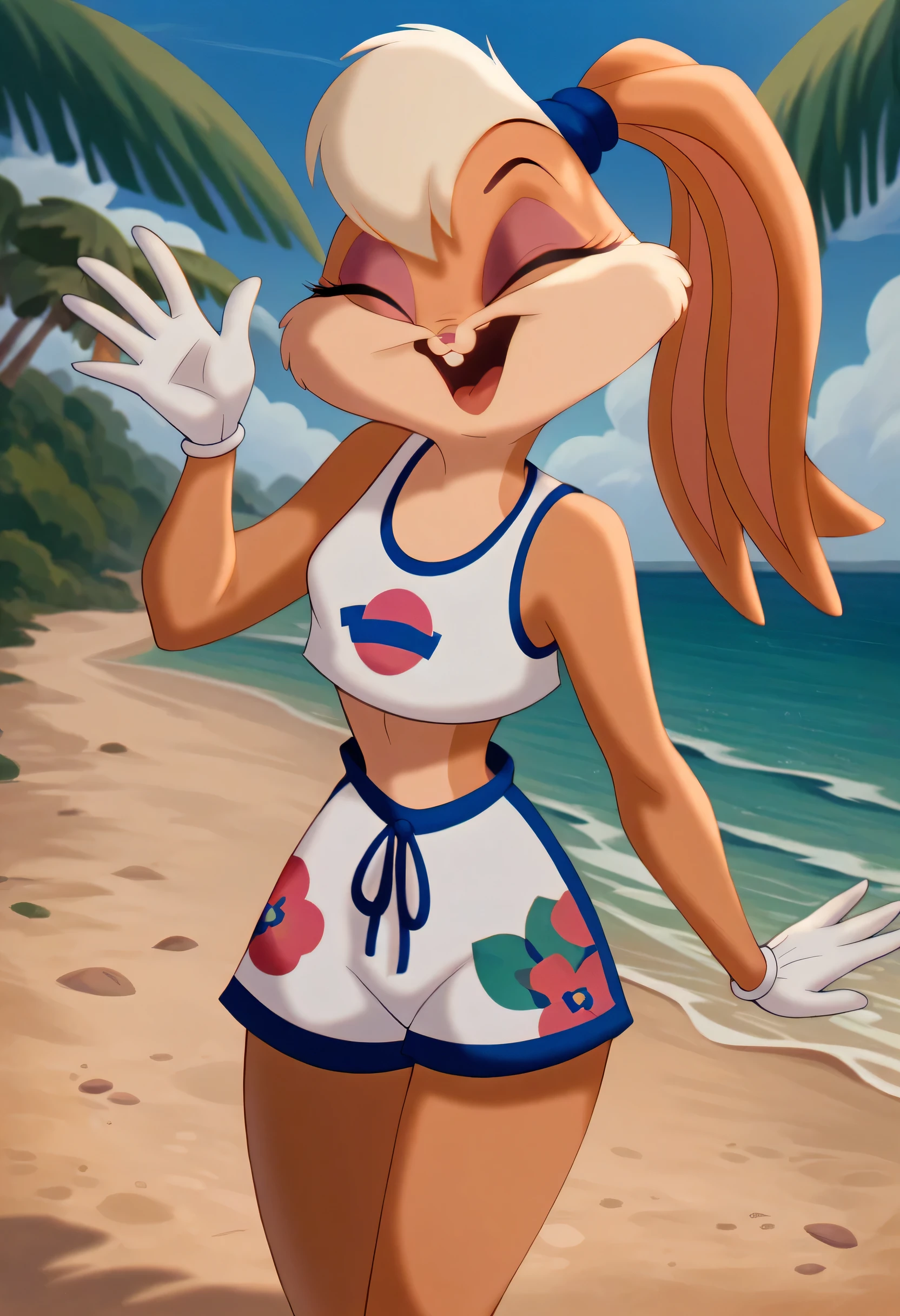 Lola bunny, hawaiian sports bra, white swimming shorts, waving arms out, happy, eyes closed, (showing viewer her torso), solo, beach, hd detailed torso:1.2