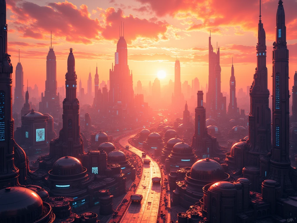 in the style of cksc, masterpiece, streetview of futuristic sc-fi city, towers, domes and skyscapers, sunset, rule of thirds, perfect lighting, sunset, HD32K, wallpaper, hyperdetailed