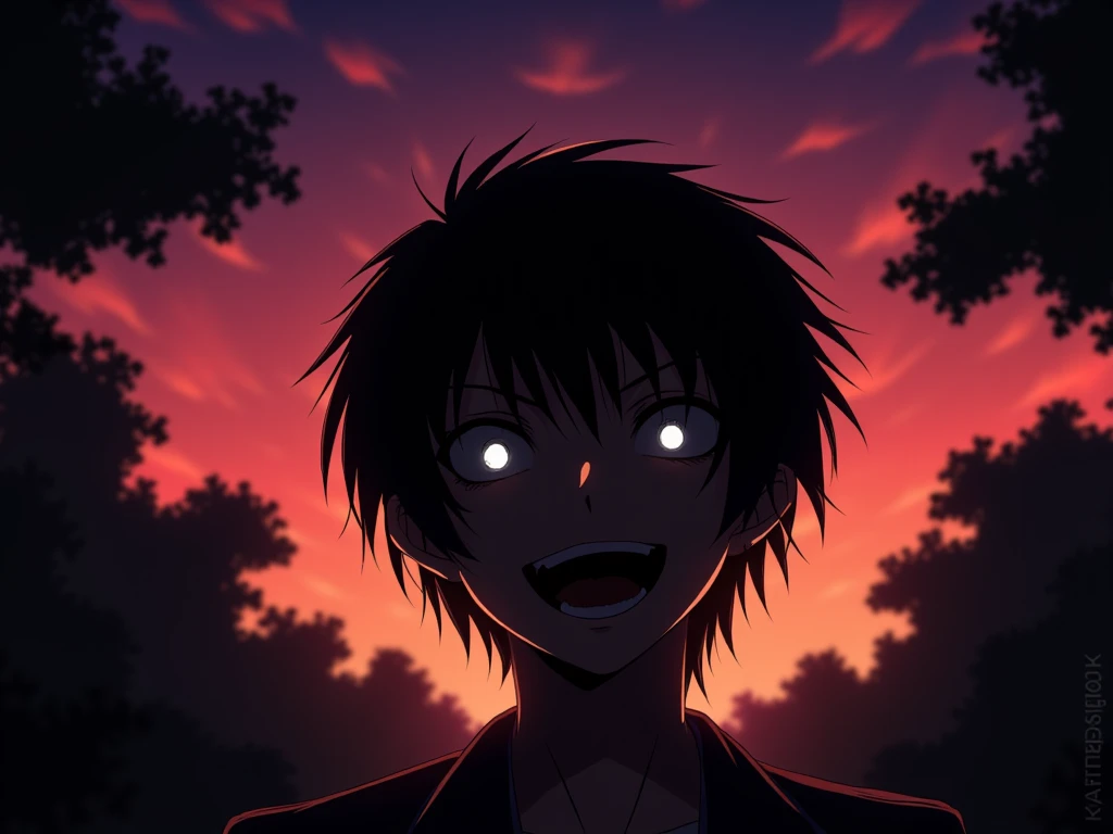 dark style, masterpiece, low angle of a silhouette of a person, anime in realism, white eyes, pointed white teeth, massive smile, trees in background, canopy, rule of thirds, perfect lighting, sunset, HD32K, wallpaper, hyperdetailed