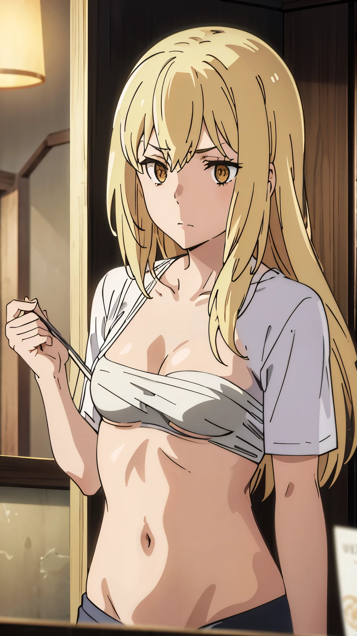 hayasaka,blonde hair, blue eyes, hair Scrunchie, side ponytail, Scrunchie, 1 girl, hair ornaments,alone, hair between eyes,(topless:1.3),, bare shoulders,white panties, cleavage,thighhighs,ponytail, 
beautiful Finger,beautiful long legs,Beautiful body,beautiful character design, perfect eyes, Perfect face,expressive eyes, looking at the viewer, Appear on knees,sexy pose,in the center of the image, official art,High Definition CG Unity, Perfect lit, bright_front_face_lit, (table top:1.0),(Highest_quality:1.0),4k,Super detailed, photograph, 8K, nffsw, High resolution, absurd:1.2, kodak portrait 400, film grain, Lens flare, (lively_color:1.2) (beautiful,medium breasts:1.4), (beautiful_face:1.3),(narrow_waist),blush,nipple
