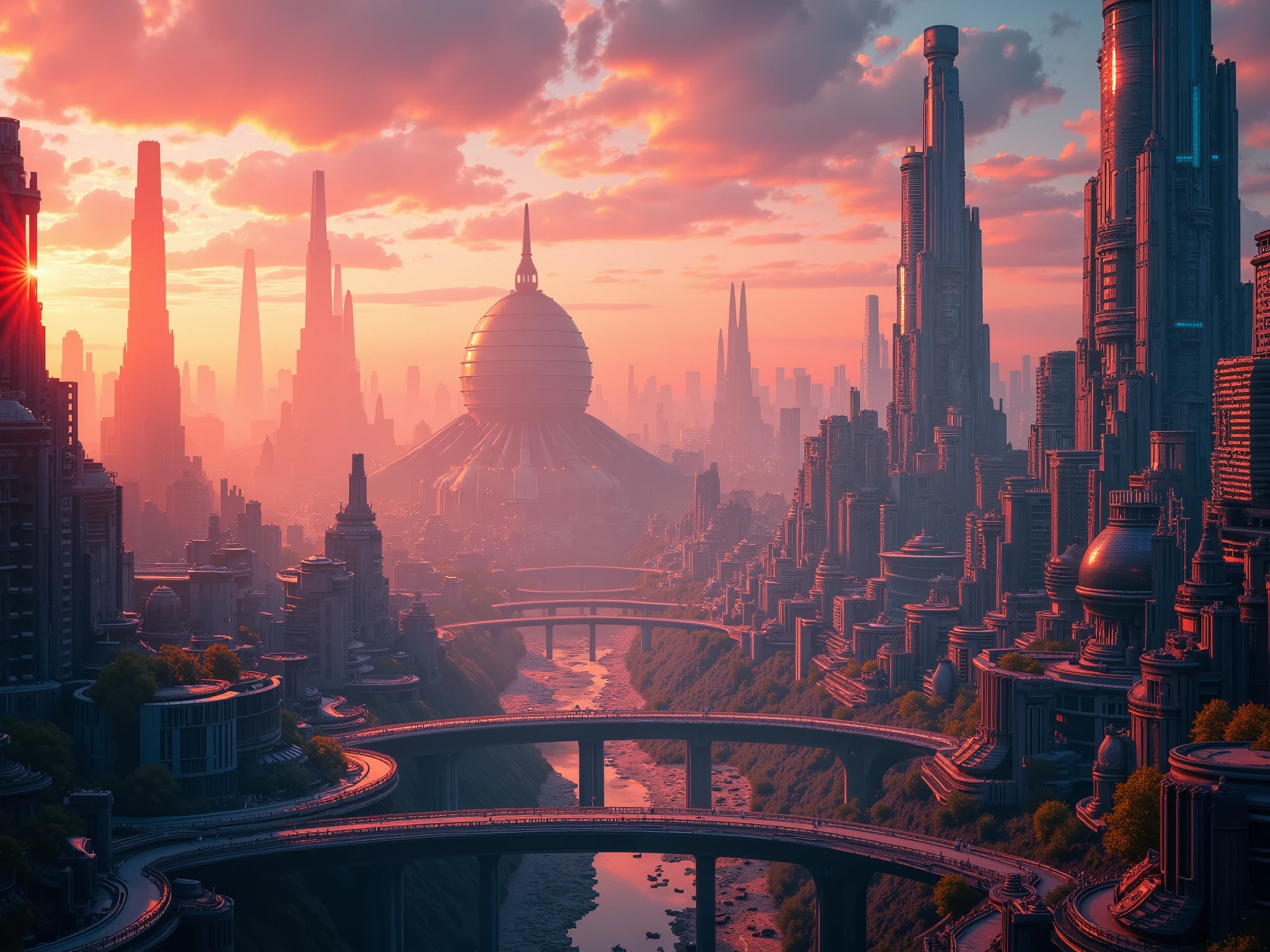 in the style of cksc, masterpiece, streetview of futuristic sc-fi city, towers, domes and skyscapers, sunset, rule of thirds, perfect lighting, sunset, HD32K, wallpaper, hyperdetailed