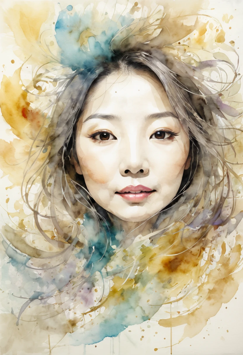 Watercolor、 old paper texture、Damaged Paper、Old style、Faded color、Thick Fog、composition、Golden Ratio、Functional、grace、 details、background、Soft colors、Blurred Lines、Ayano Fujisaki, 48 years old, round face, Dark Eyes,  fine lines of laughter ,  elegant ,  plump lips , Elegant,  natural makeup, Long Hair,  perspective from above , Lots of tulips, Watercolor, Abstract Art