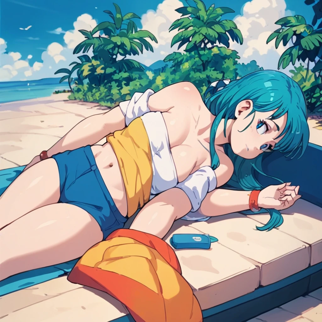 Side view，Two clones of Bulma Lie down with wearing white bikinis,Big Breasts,Background is sky.