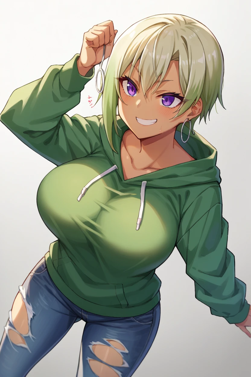  score_9,  score_8_up,  score_7_up,  score_6_up, sauce_ anime BREAK 1GIRL, Solo Hojo Ranko ,  blond hair,  purple eyes, Sunburn,  hoop earrings , Big Breasts,  Green Hoodie , jeans,  torn pants ,  viewers, smile, Izakaya　Izakayaの椅子に座る