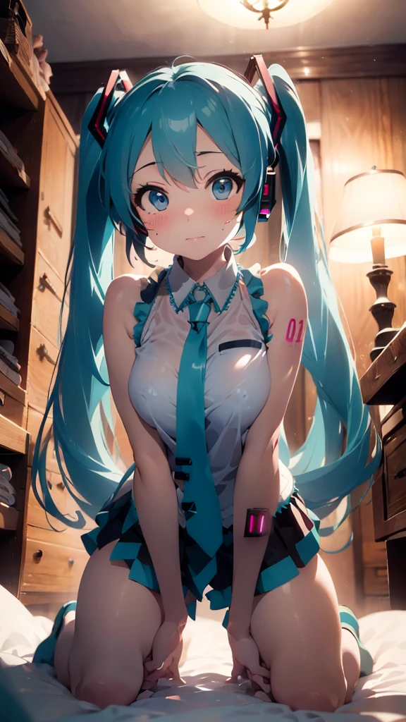 ultra-detailed, extremely detailed,Masterpiece,(Best Quality),(Super Detail),(Very Delicate and Beautiful),(((angle from below the front))),((Solo)),full body,attractive, solemn atmosphere, one cute girl, ((((Hatsune Miku,light blue hair)))), big boobs , nipples are transparent , glamorous, slim legs, an inviting look, blushing, sweaty, deep red lingerie, (((kneeling, Spread legs apart,Brush hair up with both hands))), in luxury bedroom, on Gorgeous bed, white lace canopy,night view,white christmas,candle light