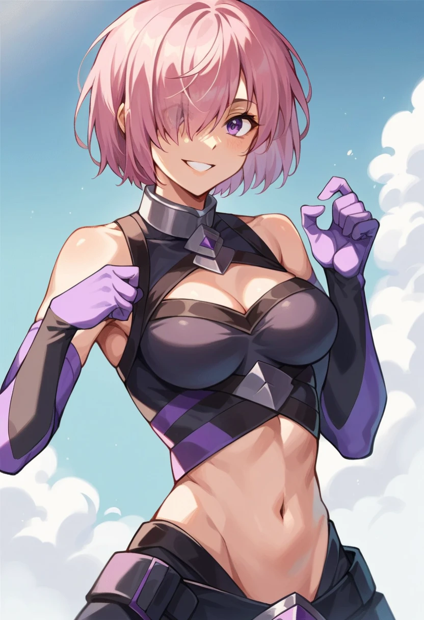  1 girl, Alone,  upper body,  to Viewers ,  viewers, smile, mash,  animated line drawing ,  1 girl,  shorthair ,  Pink Hair,  purple eyes, Hair on one eye, Purple Hair, breast, Knee-high, Gloves, belly button,  clevis, medium breast,  boots, elbow Gloves, abdomen, black Knee-high, clothing cutout, belly button cutout, fighting style、whole body