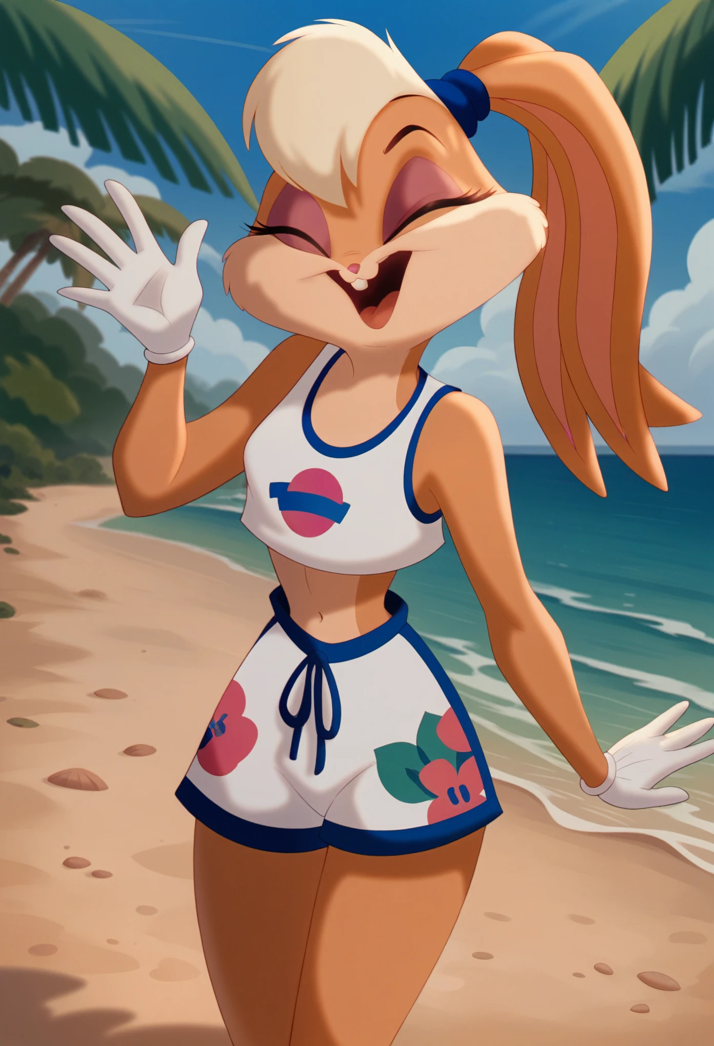 Lola bunny, hawaiian sports bra, white swimming shorts, waving arms out, happy, eyes closed, (showing viewer her torso), solo, beach, hd detailed torso:1.2