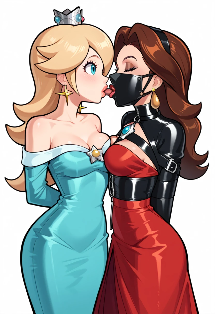 2girls, duo ,( (Rosalina from super mario lore,  wearing blue strapless dress)) and ( (Pauline, Pauline from super mario lore, Pauline wearing red strapless dress, red dress)).  kissing, Pauline and rosalina kissing, kiss, mouth kiss, simple background. standing,  shibari, bound arms, arms behind back, legs apart, tight mask, black mask, (armbinder: 1.3),