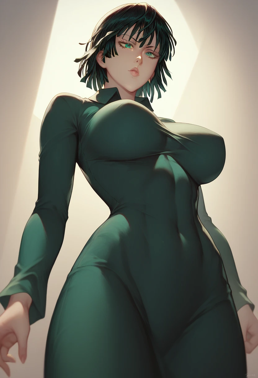 (score_9, score_8_up, score_7_up) 1girl, fubuki (one-punch man) black hair, short hair, tight green dress, long sleeves, collared dress, green eyes, perfect large breasts, view from below, sexy pose, dynamic angle Break, perfect lighting, shadows, bedroom
