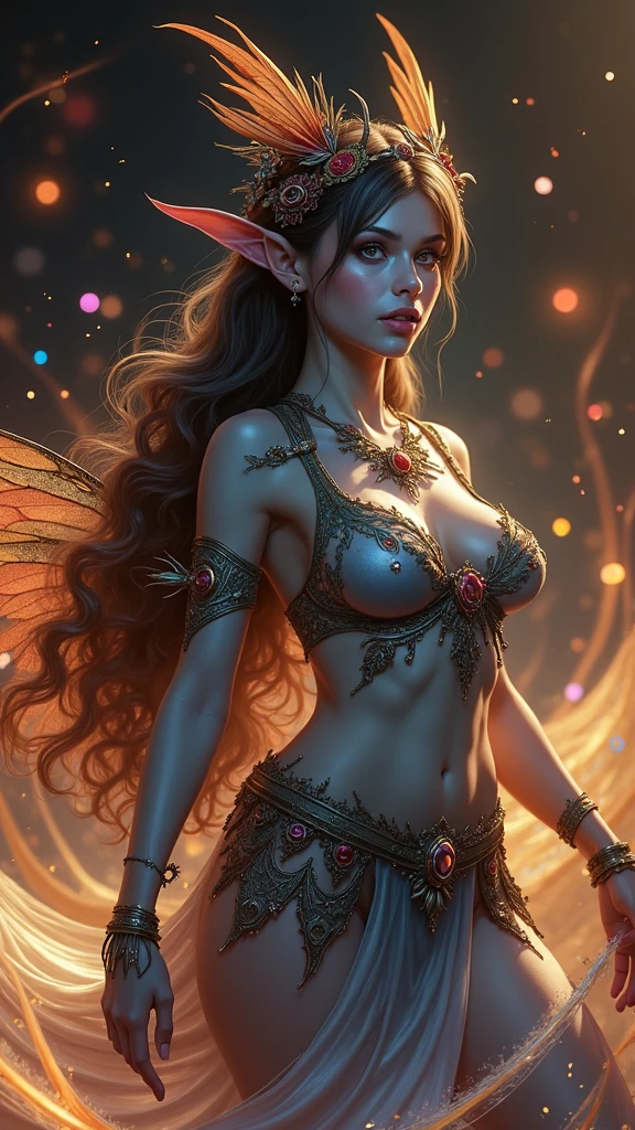 A girl wearing an elaborate metal headdress adorned with gemstones, Flower tattoo, Colorful hair, And a set of sparkling exquisite patterns. She opened her hands, Revealing her delicate facial features, Beautiful and delicate eyes, Eye of the Universe, Solitary (best quality, Ultrafine, best illustration, Best shadow, masterpiece, high resolution, Professional artwork, Famous Artworks: 1.2). Surrealism, The Light of Magic and Technology, Flowing sparkling liquid, Fast moving beam, Time-Stretch Particle Behavior, fantasy background, Technical Background, fantasy, Celestial Bodies, Concept Art, radiation, Caustics, diffraction, Epic Composition Image, Particles follow the lines of the scene. flight, Best color quality, high resolution masterpiece, best quality, Final Details, illustration, Ultra HD, Ultra Detailed, 8k
