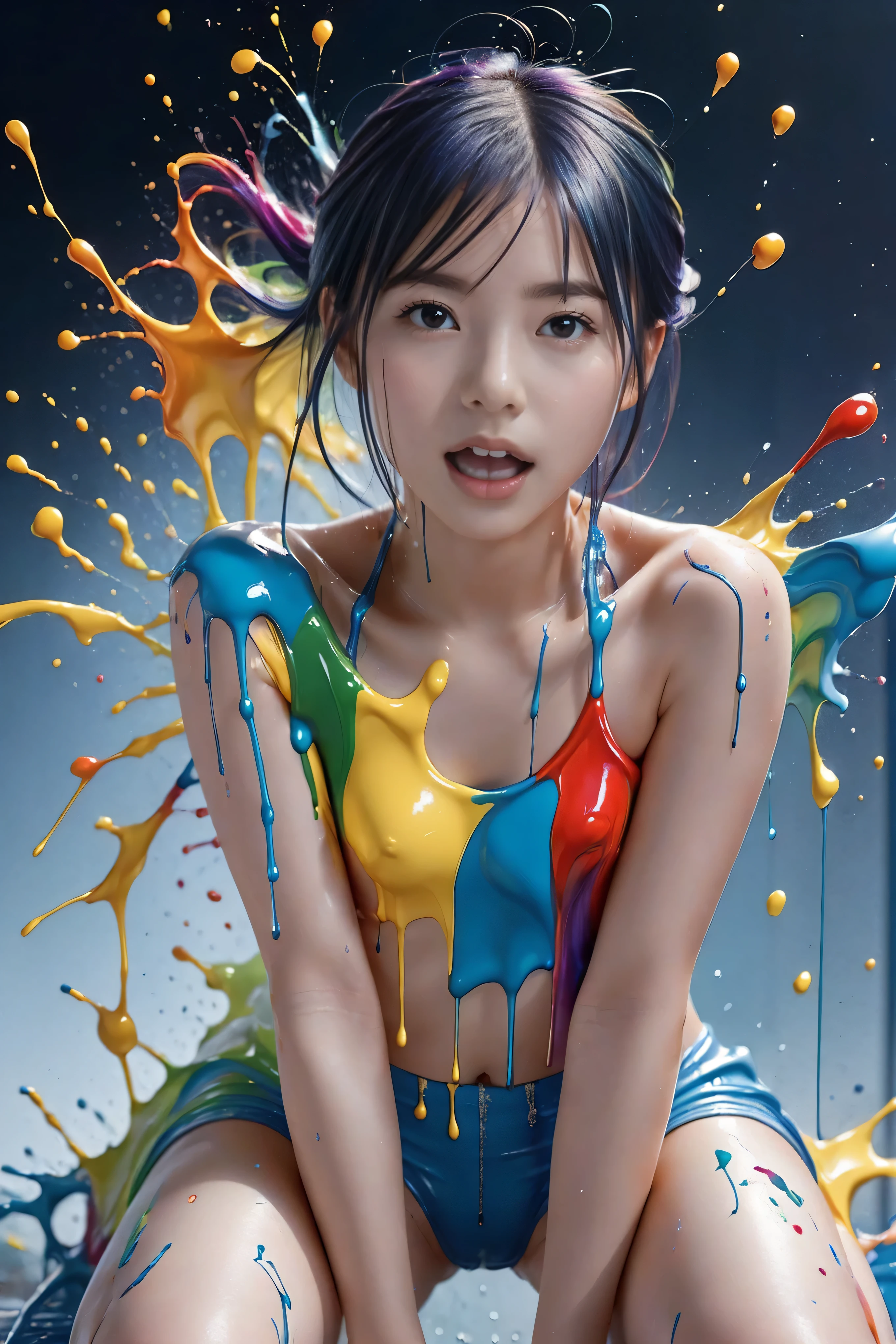 (Level Difference:1.8),(Paint collisions、 scattered on canvas),( the depth of the written boundary),( flat color:1.1,(Theme)),1 person,poster,, Young Face, (( embarrassed expression:1.4)), short hair, completely naked, medium bust , (((Spread your legs wide to show your crotch:1.4))), ((Detailed shape of open genitals:1.4)), (( paint that flows out of the crotch :1.4)), Sit with open knees , Full body woman love,Strong winds,Thick Smoke,,( liquid dye for iridescent hair :1.1) I drew,Anti-gravity,Thread-like viscous liquid,( paint splashes :1.3),Liquidity, amazingly beautiful , masterpiece, detailed background,Super high quality model, amazing background,Abstract Beauty, Volume, Painting,Blowing, romantic lighting , of Japan,Shine,8k, high definition , amazing, ray tracing , human development report ,Holy Light,
