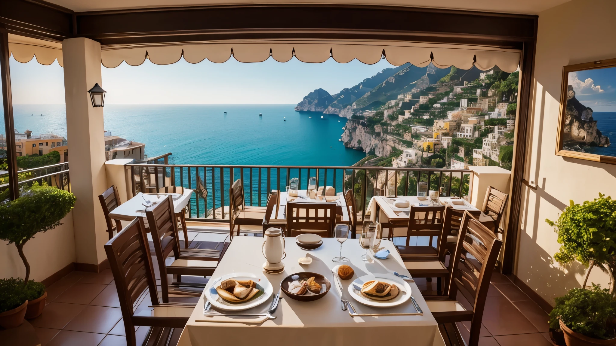  best quality、masterpiece、Super detailed、 Amalfi coast can be seen from the balcony、Coffee steaming on the cafe table 、8k、