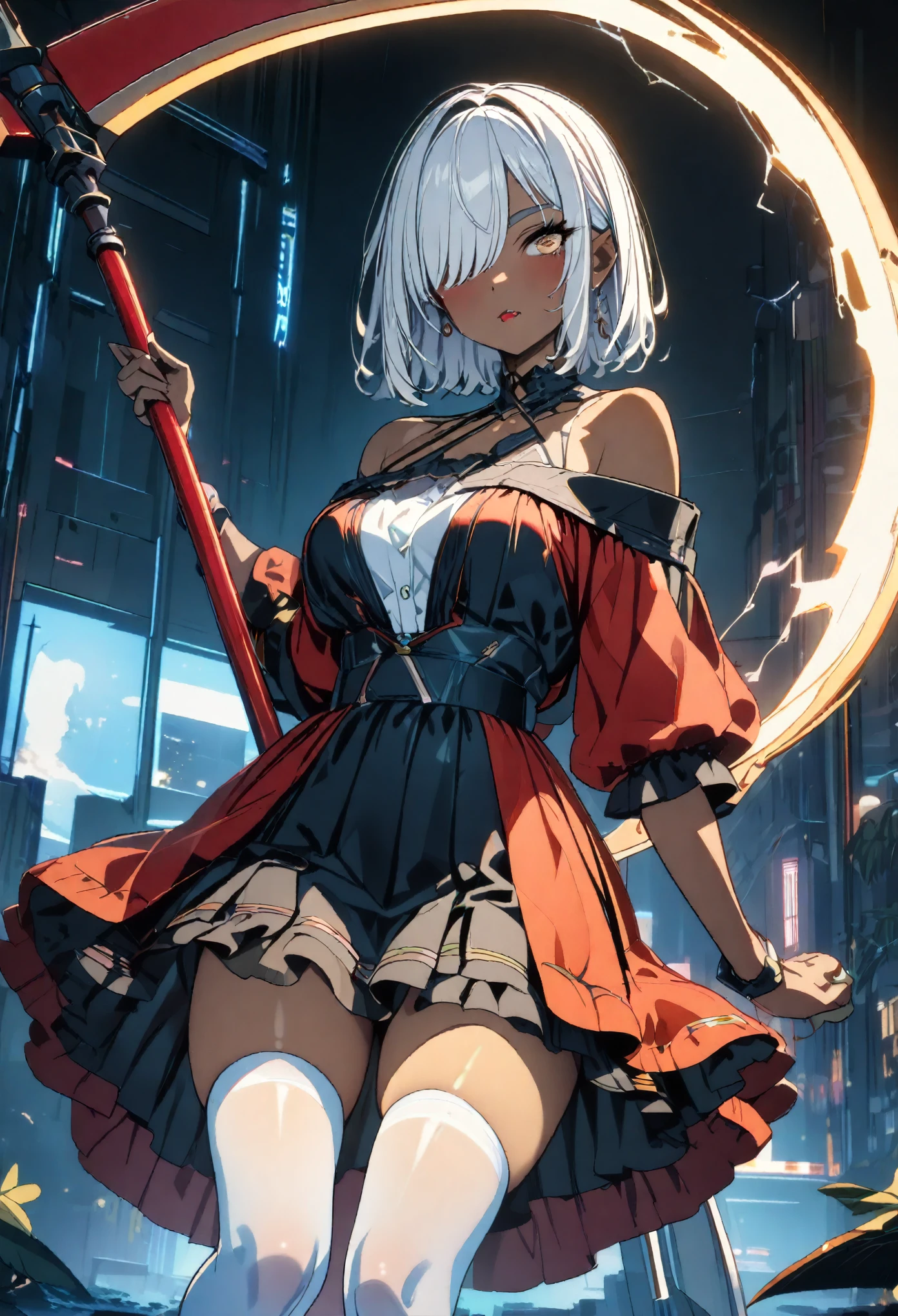 (top-quality、hight resolution、8k、masterpiece:1.2)。Curvaceous but slender、Muchimuchi Body、Grinning Female Wizard、Vandalizing buildings in a battered ancient city。Featuring double teeth, she wields magical powers.。With magic emitted from the right hand、Buildings and roads、Bolides、Next Bridge々and have collapsed、Scattered with burning debris。Rubble and pebbles float up、A yellow aura covers her entire body。Although its power is overwhelming、At the same time it is in harmony with beauty。Draw the moment she is destroying the building with magic。Half-taken off hoodie、accessorized、mole、Eyebrows、double tooth、canine teeth、poneyTail、Muscular nose、Clear detailed blue eyes、Blue-haired、red blush、The long-haired、a choker、Fleshy lips、Physical beauty、well-muscled、Raise bangs in a headband、Oforehead、Mysterious fashion、Street Fashion、Anime style、animesque、The scene of the great fire、Oversized trousers、unreal、Depiction in motion、Fashion in white and blue tones、Vandalism、insurrection、karo、Decaying buildings、the fire、Fire incident、tornado、Must-win poses、Backgrounds with depth、Equipped with a Japan sword on the back、Equipped with Japan swords at the side waist、Flame Magic、Wizard Equipment、Light equipment、a necklace、Bracelets、Misanga、arm band、Tattoo on the shoulder、espadrilles、thunder、Roaring thunder、lightning bolt、tornado、colorful backdrop、Thunder in the hand、Light and Wall Co-star、Little green-eyed black cat supporting magic attack overhead