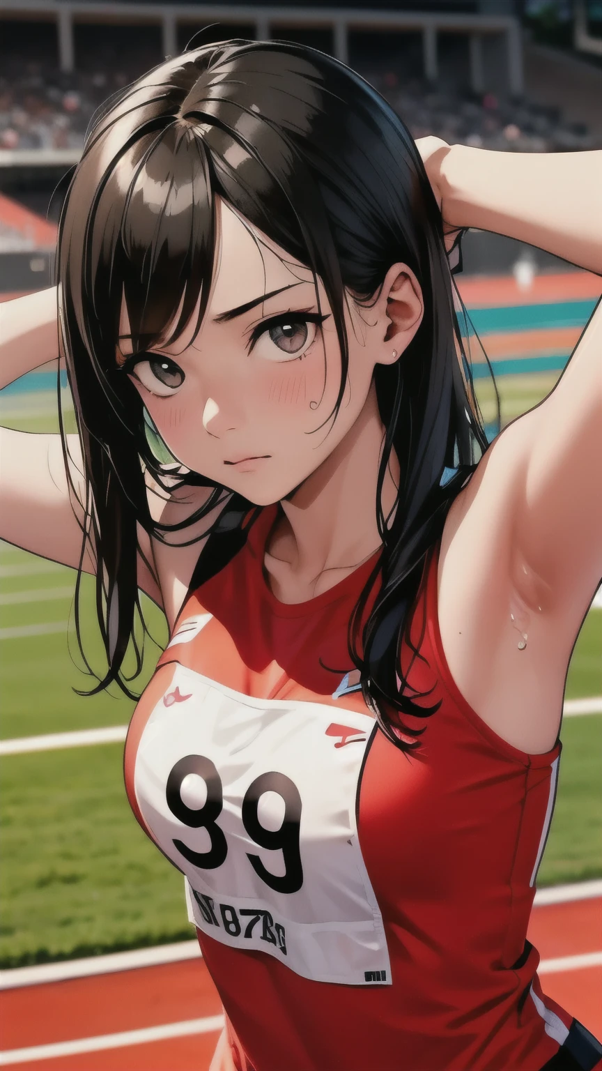 score_9,score_8_up,score_7_up,score_6_up,score_5_up,score_4_up,Japanese women's track and field team, long straight hair, uniform, thigh stretch, anxious face, sweat, very beautiful Asian face, stadium track, sense of absurdity, calling, emotional expression, well-trained body, clear sky, bib number on back