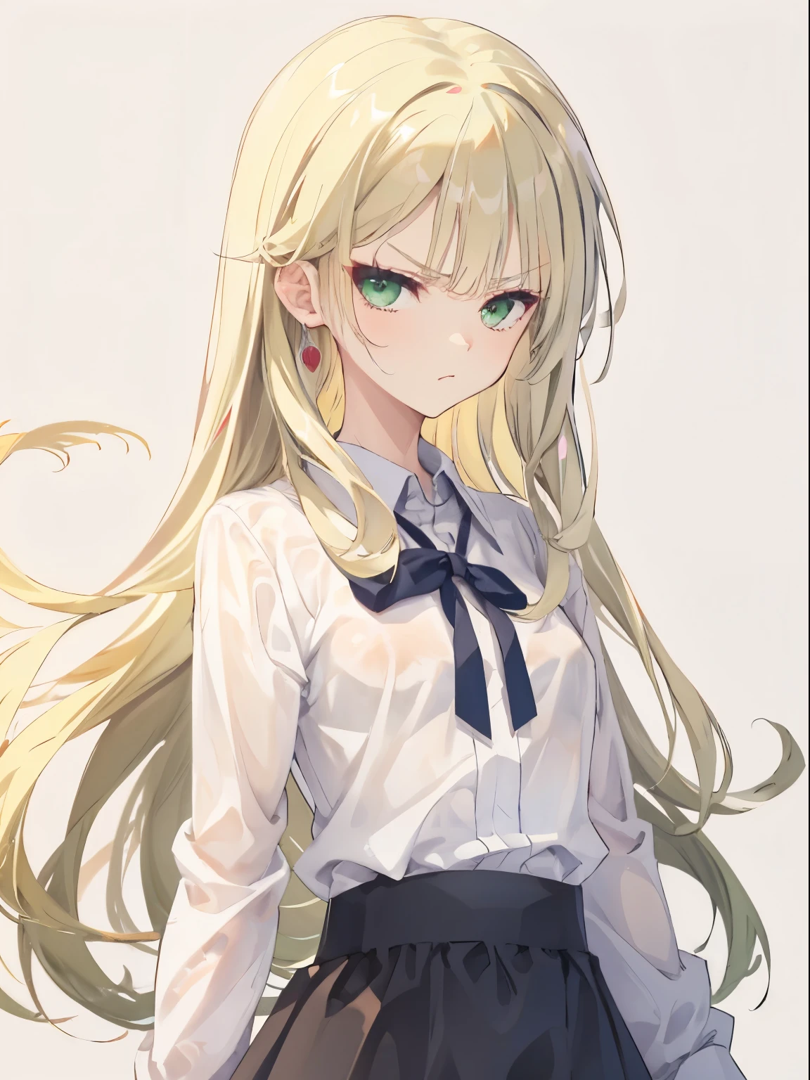 (serious, disdain, [glaring]), Briton, 1 girl, upper body, (facing viewer, looking viewer), standing straight, (green eyes, (tsurime), (platinum blonde hair), straight hair, long hair, small breast), (white frilled shirt, black long skirt), (gray background), Sharp Focus, (Best Quality, masterpiece, detailed, facial focus),(solo shot), (apricot skin)