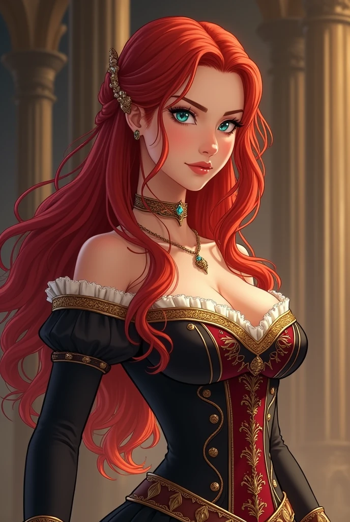 (A red-haired girl in a medieval castle bedroom, detailed facial features, beautiful eyes, long curly hair, pointed ears, full lips with small fangs, large bust and hourglass figure, clumsy but cute maid outfit, glamour photography, sharp focus, dynamic lighting, photo-realistic, 8k, best quality, masterpiece)