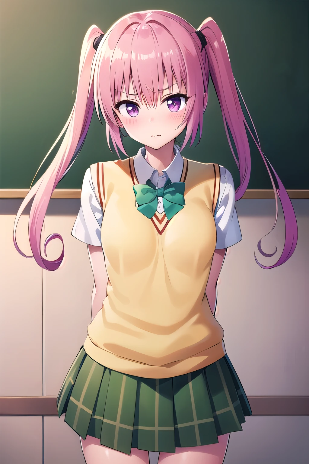 aanana, long hair, twintails, school uniform, green bowtie, white shirt, sweater vest, short sleeves, plaid skirt, green skirt, standing, leaning forward, arms behind back, classroom, highres  closed mouth, blush, Big Breasts, shy, cowboy shot, tachi-e, masterpiece, best quality