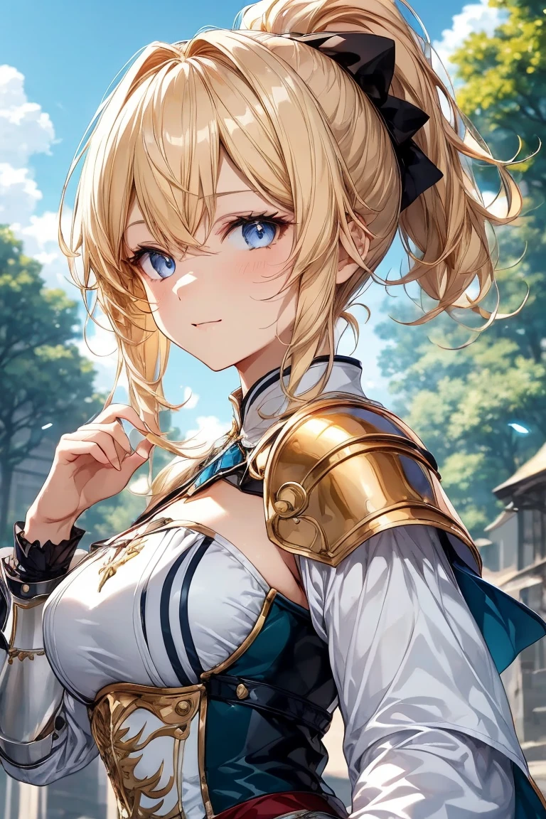 Elegant anime female characters, golden ponytail, extremely attractive eyes, medieval knight and aristocratic costumes, daytime, blue sky, sky, outdoors, under towering trees, cinematic lighting effects, large aperture portrait, dynamic pose, golden ratio, rich details