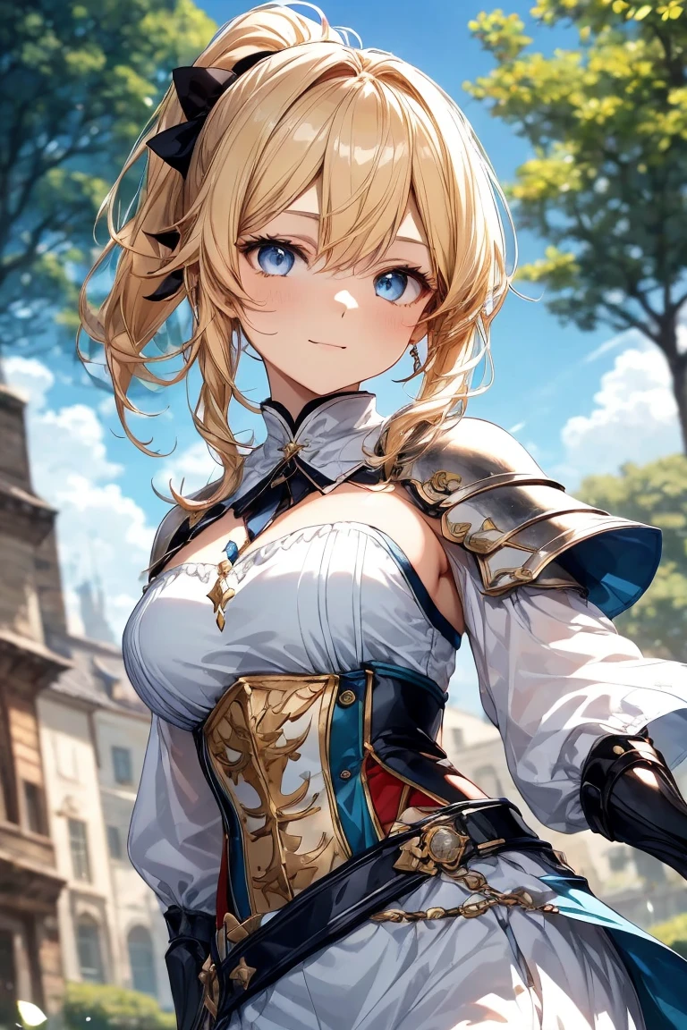 Elegant anime female characters, golden ponytail, extremely attractive eyes, medieval knight and aristocratic costumes, daytime, blue sky, sky, outdoors, under towering trees, cinematic lighting effects, large aperture portrait, dynamic pose, golden ratio, rich details