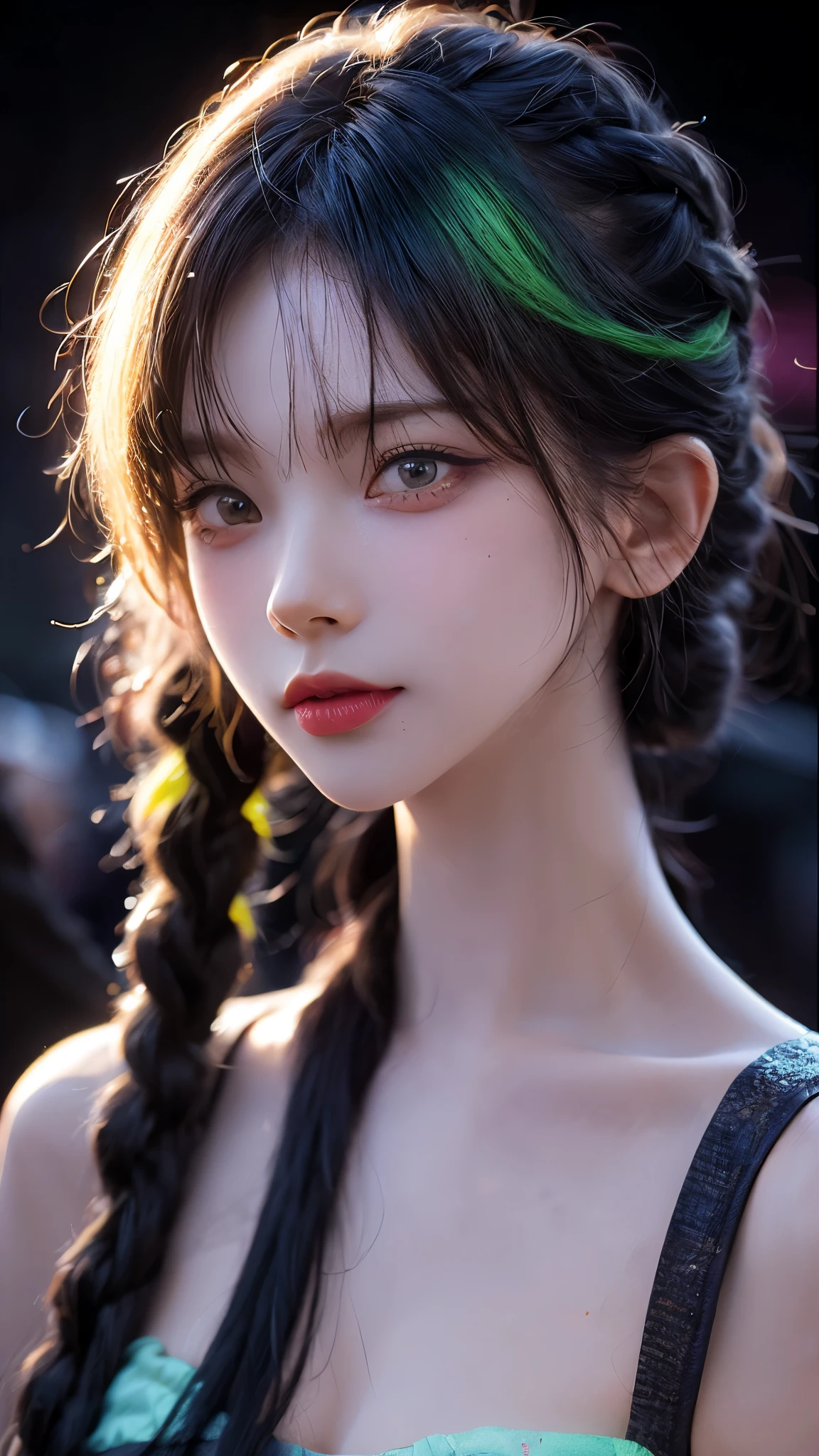 (masterpiece:1.2), (pale skin:1.2), (solo:1.2), (female:1.1), (emphasis lines:1.3), blue eyes, gradient eyes, green eyes, (brunette:1.3), (flower on hair:1.1), bare shoulders, shoulder blades
