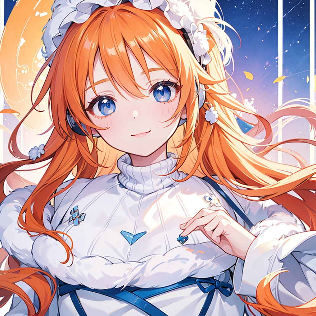 Beautiful girl, Big Eyes,  blue eyes, girl, Small and slim, 8k,  best quality, ( very detailed head: 1.0), ( extremely detailed face: 1.0), (Highly detailed hair: 1.0), White fluffy sweater,  very detailed official artwork,  Anime Moe Art Style ,  Detailed Anime Art , smile, Orange Hair, smooth long hair,white earmuffs,blue muffler,