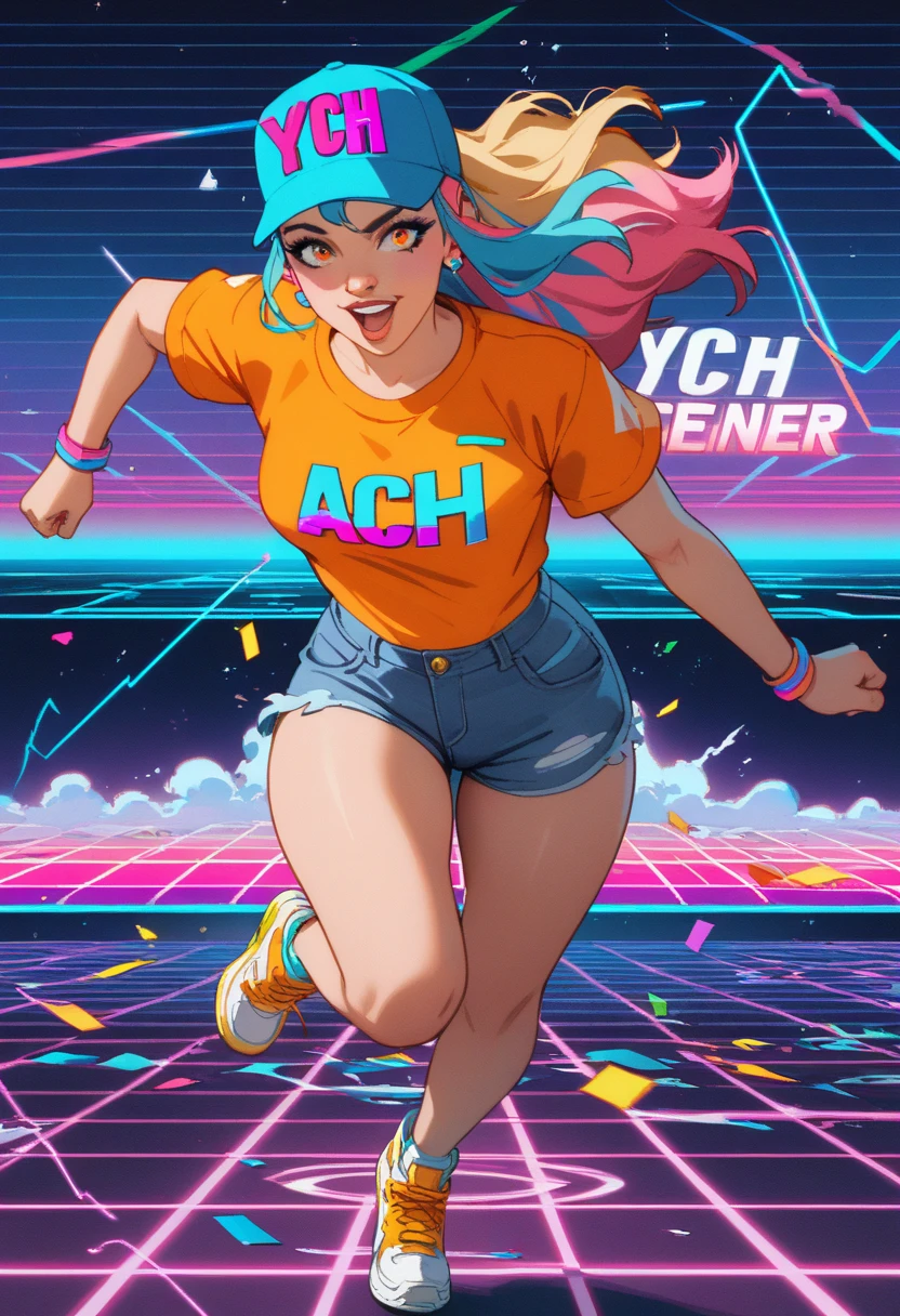 1 girl running, motion effects, synthwave 80s ,neon, fluorescent colors, action,Girl wears a blue cap ,an orange top ,  short and tight denim shorts ,Your thighs are thick, her hair dyed pink and short , yellow sneakers expression of anxiety. Masterpiece,80&#39;s style, iluminaction global