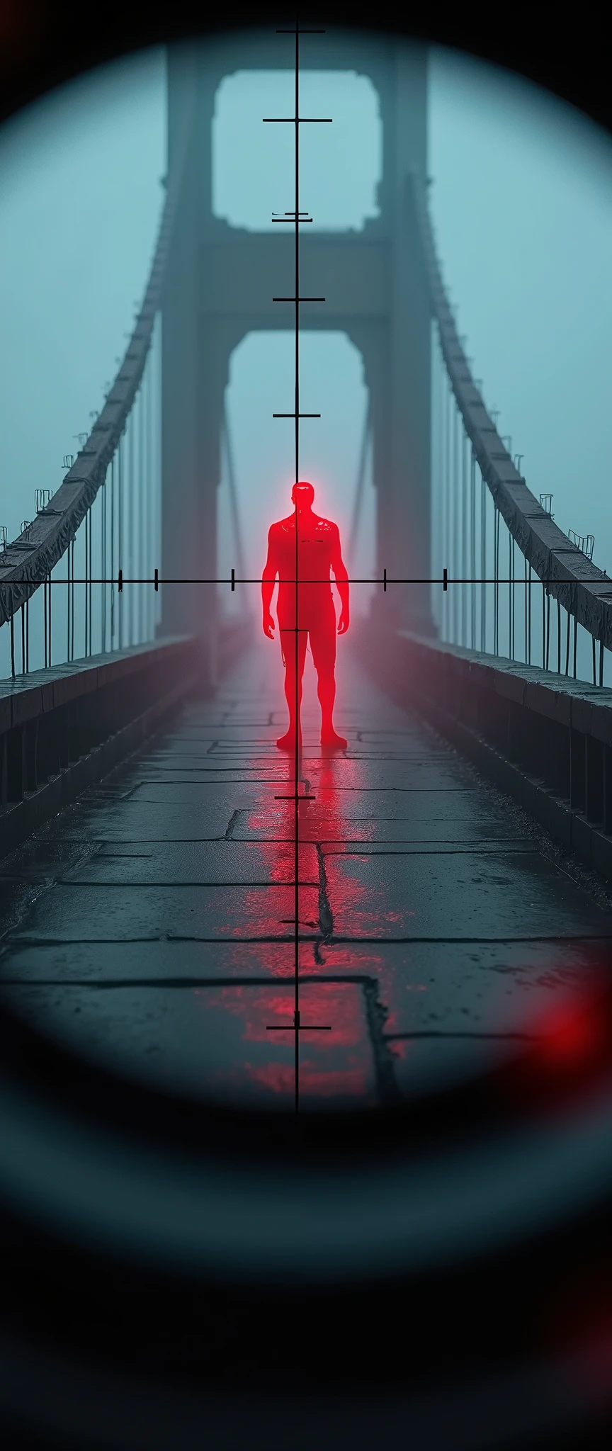 (masterpiece:1.2,Superior Quality,Mirror finish, Movie experiences ,  Best Illustration  ,Super detailed),8k, wallpaper, Movie Lighting,( describe the depth of the border  ),( Sniperの視点 ),( old bridge shrouded in fog :2.0),( aim at the target on the bridge:2.0),(Sniper:2.0),(Dark atmosphere:2.0),(Sniperが霧で見えにくい視界の中を遠くの橋の上にいるターゲットを狙っている:2.0)