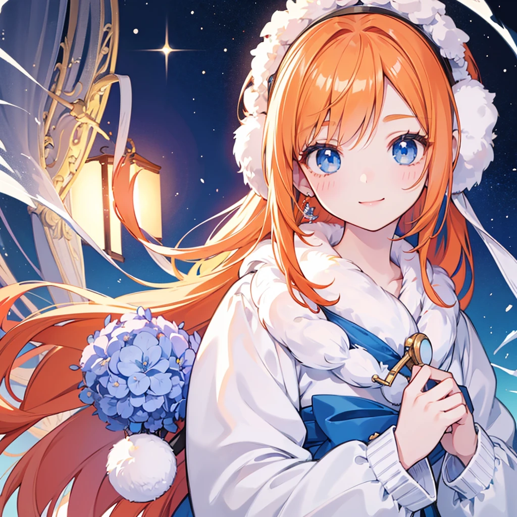 Beautiful girl, Big Eyes,  blue eyes, girl, Small and slim, 8k,  best quality, ( very detailed head: 1.0), ( extremely detailed face: 1.0), (Highly detailed hair: 1.0), White fluffy sweater,  very detailed official artwork,  Anime Moe Art Style ,  Detailed Anime Art , smile, Orange Hair, smooth long hair,white earmuffs,blue muffler,