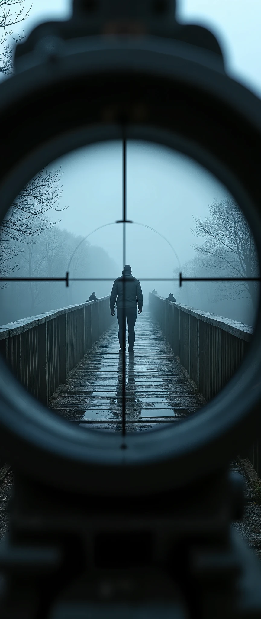 (masterpiece:1.2,Superior Quality,Mirror finish, Movie experiences ,  Best Illustration  ,Super detailed),8k, wallpaper, Movie Lighting,( describe the depth of the border  ),( Sniperの視点 ),( old bridge shrouded in fog :2.0),( aim at the target on the bridge:2.0),(Sniper:2.0),(Dark atmosphere:2.0),(Sniperが霧で見えにくい視界の中を遠くの橋の上にいるターゲットを狙っている:2.0)