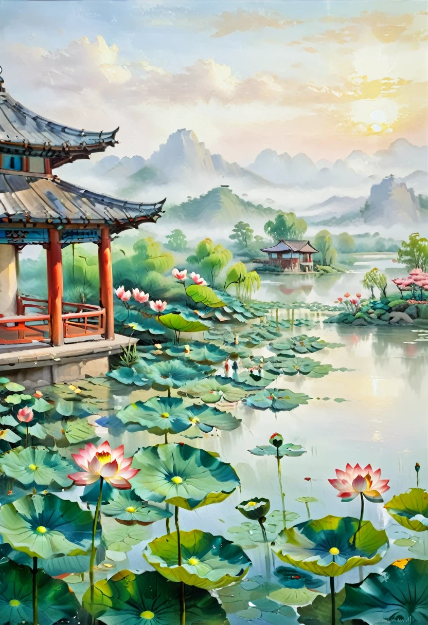 painting，hou dechang， traditional Chinese landscape painting ， Garden scenery in northern China ，midsummer，morning，Golden Hour，lake，Pavilion，tower，Lotus Leaf，Lotus， flower bud ，（Lotus：1.3），整个场景充满painting风格， traditional Chinese brushwork ， pink oil painting using ， green use ，In the style of a Chinese artist ，（ Large areas of white ，One-third composition ：1：3）， official art ，羊皮纸painting，painting，（（Simplicity）），Simplicity，Minimalism，Beige gray ，White background，Mist，Distant Mountains，painting风格，Parchment paper feel，clean，No text， quiet and ethereal ， HD resolution ， high quality 