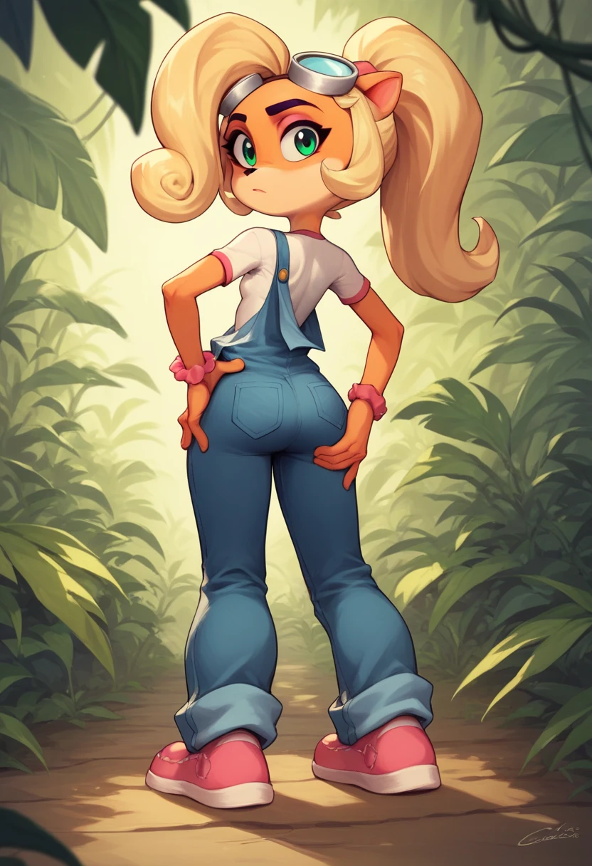 Coco, solo, 1 girl, female, furry, animal ears, orange fur, blonde hair, green eyes, pink eyeshadow, ponytail, long hair, googles on head, white shirt short sleeves, pink shoes, denim overalls pants, flat breasts, wide hips, sexy legs, looking at viwer, confused face, jungle, back view, holding ass