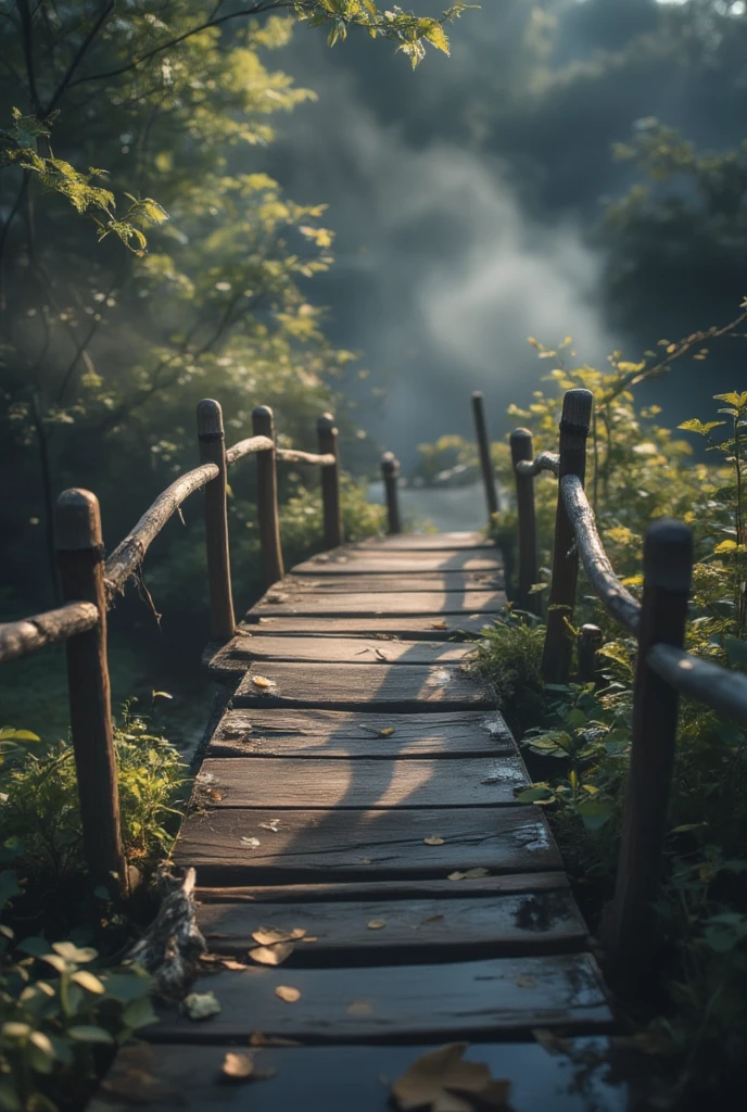 A bridge in a forest in the fog, Kirinaka Nakabashi，rain，Heavy fog,  darkness