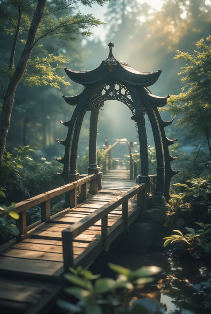 A bridge in a forest in the fog, Kirinaka Nakabashi，rain，Heavy fog,  darkness