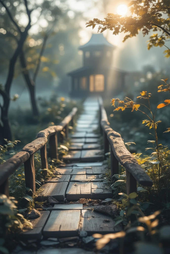 A bridge in a forest in the fog, Kirinaka Nakabashi，rain，Heavy fog,  darkness