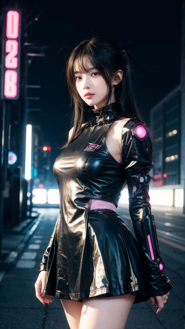 (realistic、Like a photograph、live action、8k, Photoreal, RAW photo, best image quality: 1.4), Single-lens reflex camera、RAW photo, highest quality, realistic, Highly detailed CG Unity 8k wallpaper, Depth of written boundary, cinematic light, Lens flare, ray tracing, From above:1.2、realistic background、(black suit:1.4、tight mini skirt:1.35、Clothes that fit the skin:1.3)、((super dense skin))、 1 female,beautiful japanese woman、Space Detective、future police、SF:1.3、cool beauty、((full body shot:1.5)、big breasts:1.2、cleavage:1.1)、avert your eyes、super detail face、random hairstyle:1.2、i like the style、long hair、Snazzy、Super detailed、pay attention to details、long hair、hair arrangement、raised hair、wearing high heels、beautiful detailed earrings、necklace、perfect costume、(white skin)、(I can see the whole body)、beautiful feet、Background of detailed expression、Standing in the near future world、cyber city、future city