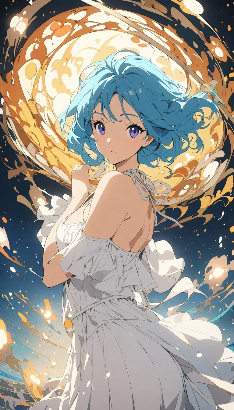 Summer Night。The illuminated pool shines 、Korean women in their early 20s。she、 wearing a white one-shoulder bikini 、, ((masterpiece)), (( best quality )), ( Anime-style ), 4K,