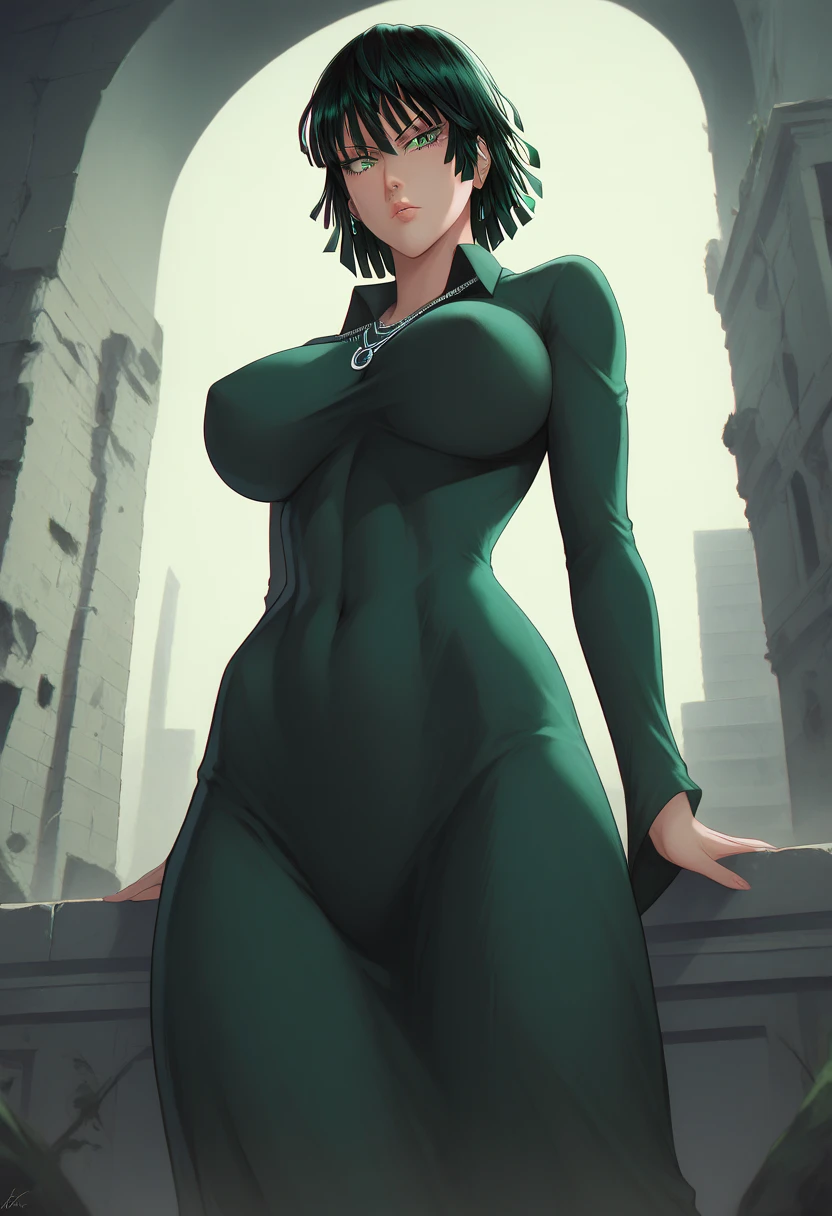 (portrait),1girl,fubuki\(one punch man\),black hair,short hair,green eyes,taut clothes,big breasts,green dress,necklace,serious expression,arrogant look,arrogant expression,city ruins,masterpiece,extremely detailed CG unity 8k wallpaper, best quality,32k,focus sharp, (score_9, score_8_up, score_7_up) 1girl, fubuki (one-punch man) black hair, short hair, tight green dress, long sleeves, collared dress, green eyes, perfect large breasts, view from below, sexy pose, perfect lighting, shadows, bedroom, score_9, score_8_up, score_7_up, 1girl, lluminartis, black hair, green eyes, fubuki (one-punch man), short hair, green hair,
