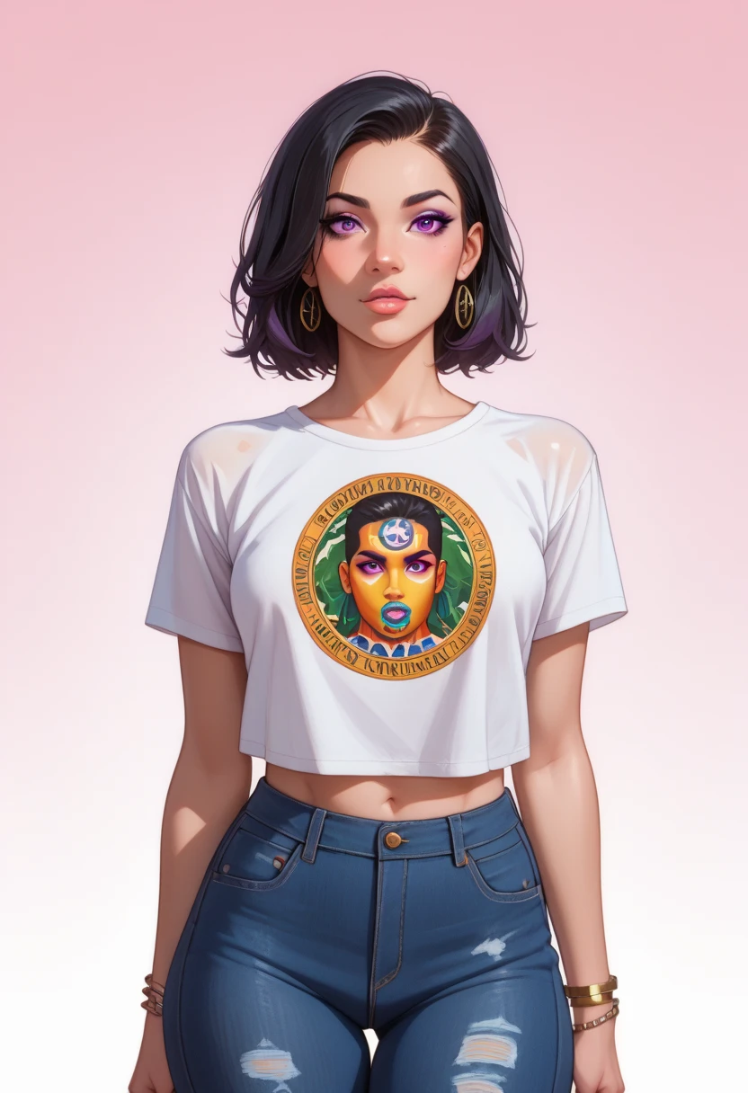 
Body portrait ,  Graphic Novel style ,shirt print style style,An indigenous American woman  (long black hair)thin face,(purple eyes), She has full lips and a thin nose . .( Dressed tight in green with an exposed shoulder ). thick thighs ,bracelets.. feminine. The portrait presents a view of her body in a sexy standing pose.Pink gradient background .  face vibrant colors. Award Winning Illustration